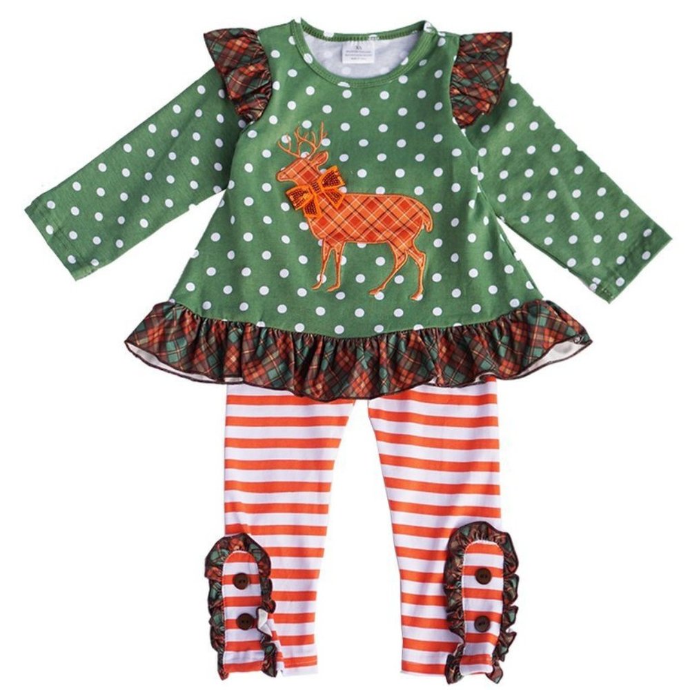 Plaid Reindeer Applique Ruffle 2 Piece Set